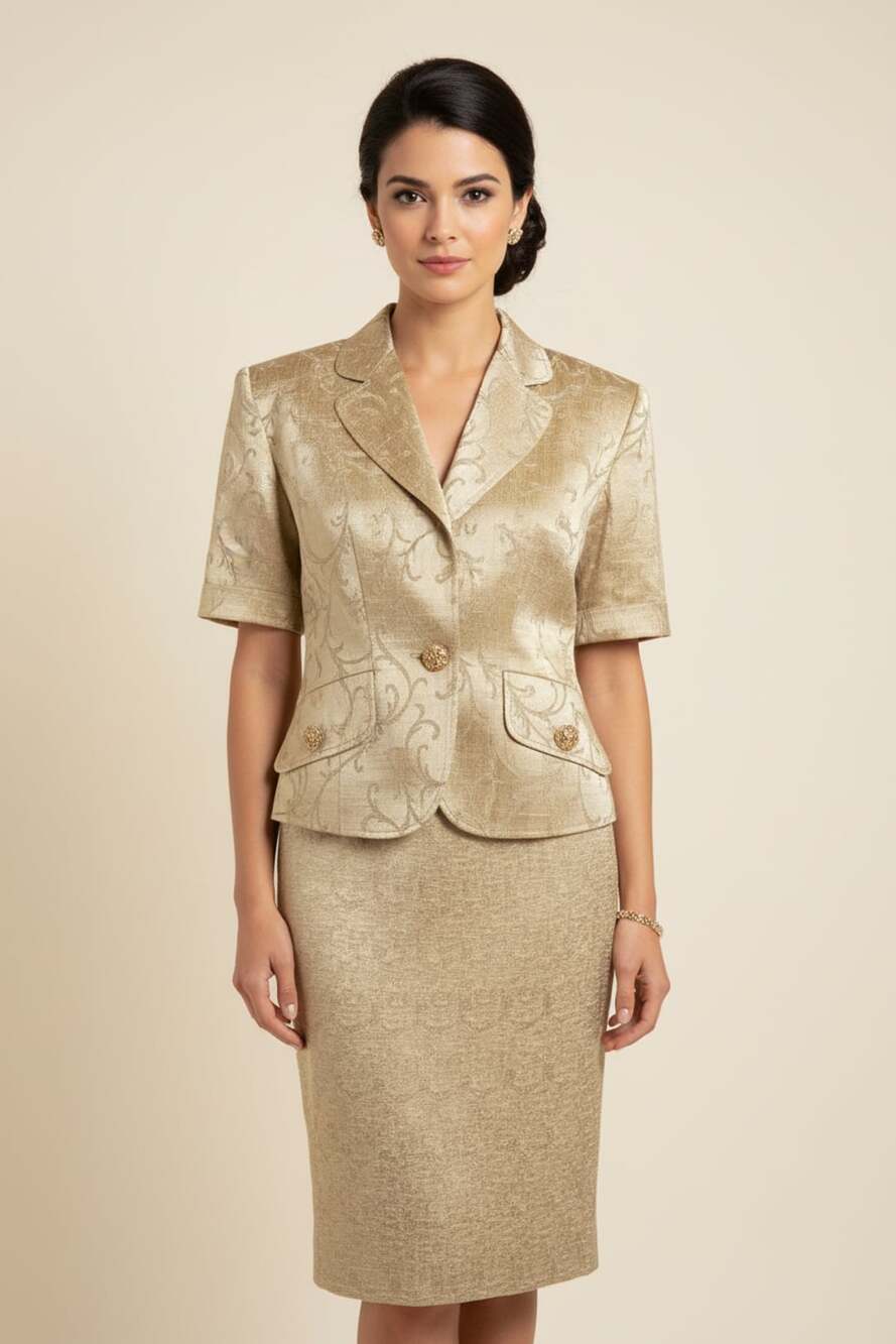 Percussion Paris Vintage Gold Metallic Brocade Damask 2-Piece Skirt Suit Set